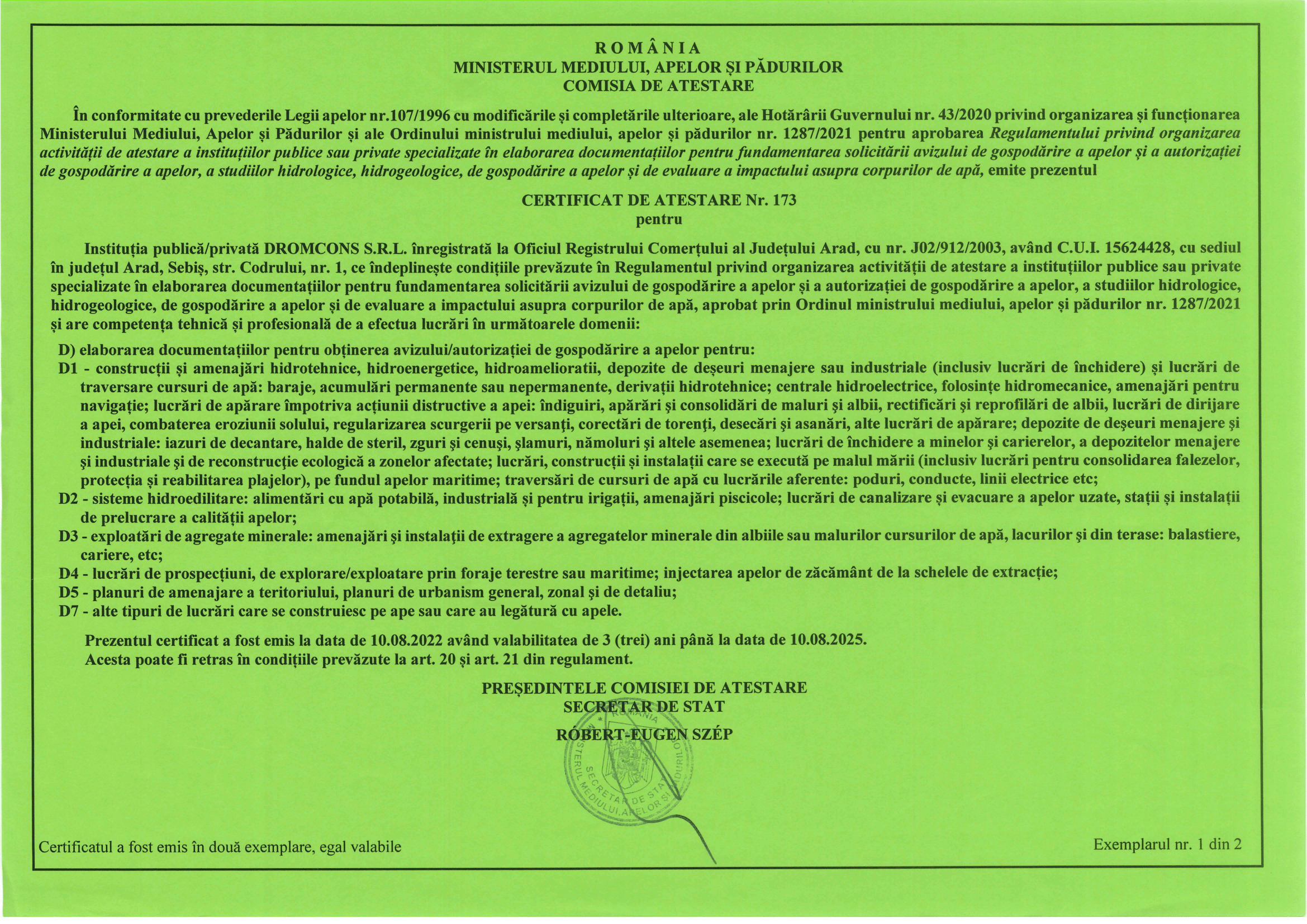 Certificat și autorizații oficiale Dromcons pentru activități de foraje de apă și studii hidrologice