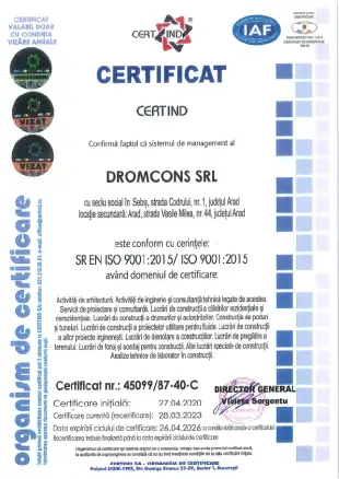 Certificat managementul calității ISO 9001 – Dromcons