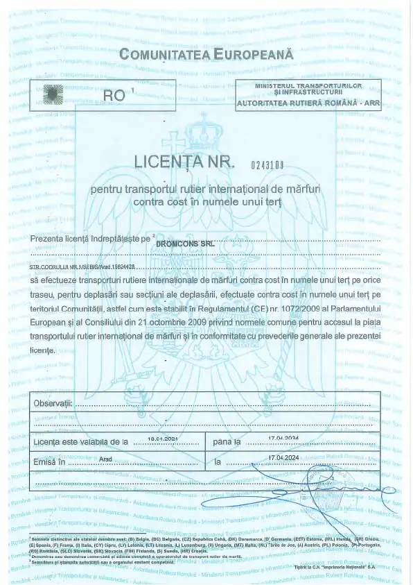 Certificat / autorizație Dromcons