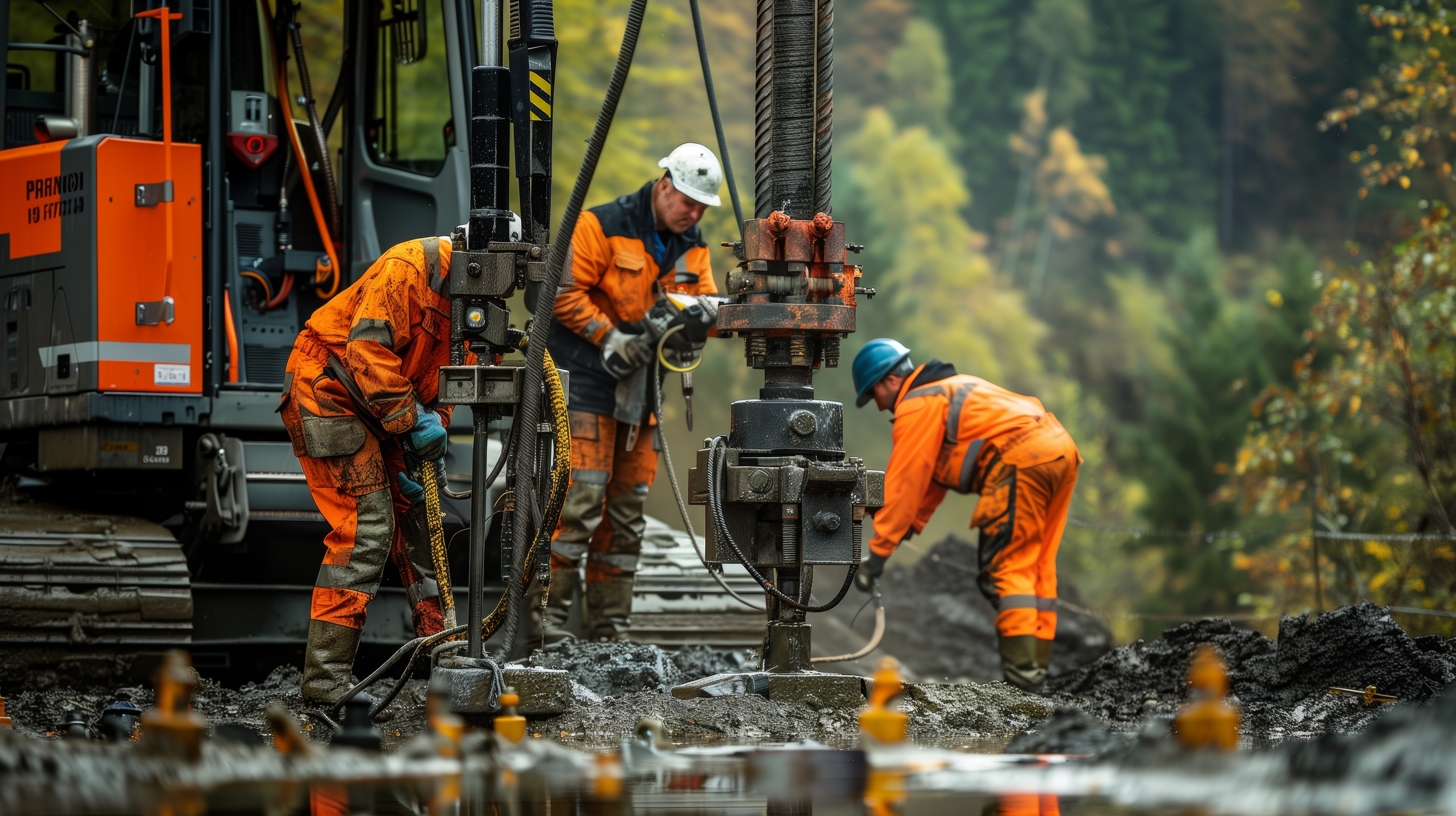 Echipă Dromcons realizând foraje verticale pentru pompa de căldură pe un șantier de construcții