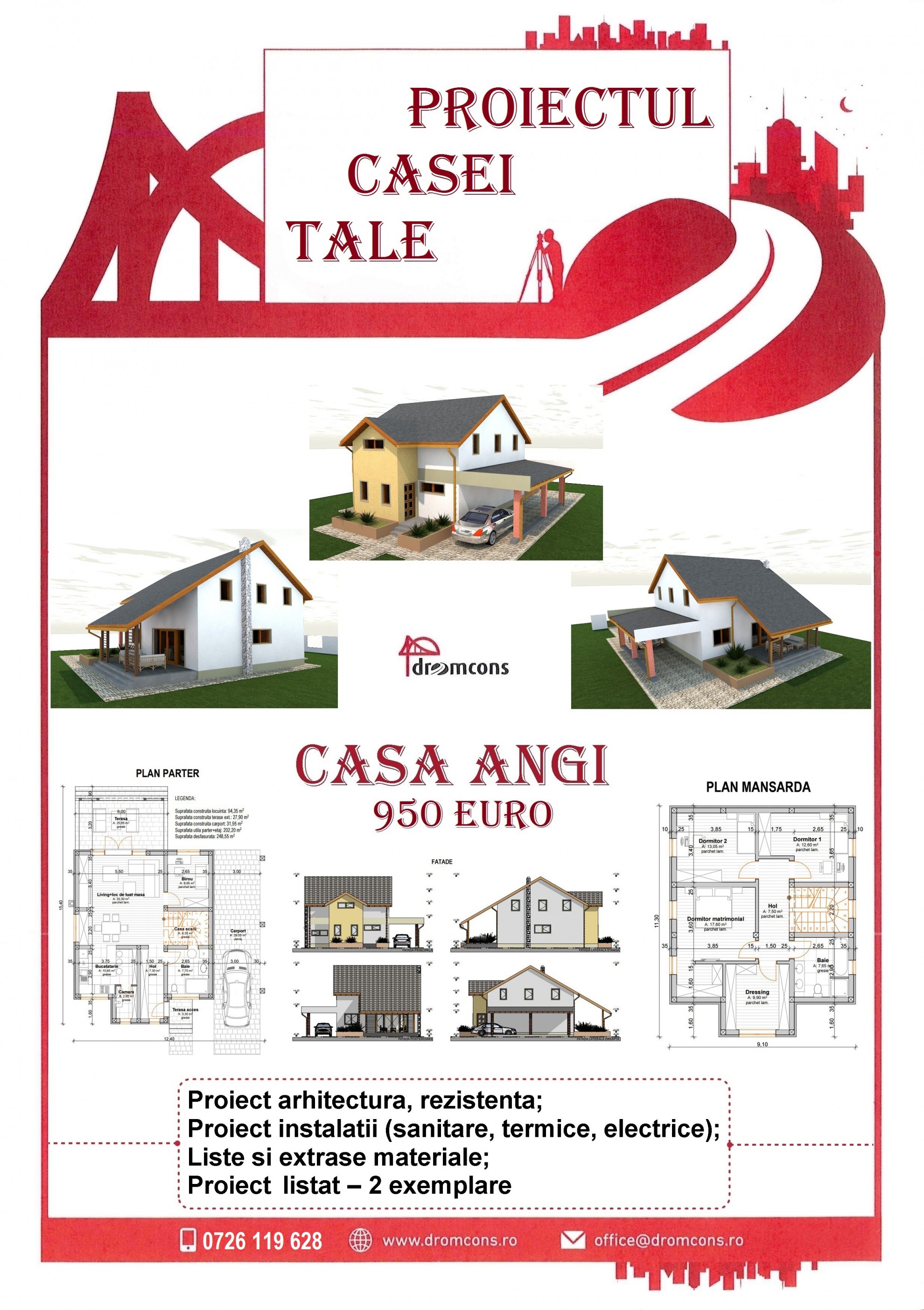 Casa Angi civil project completed by Dromcons with detailed plans and sketches